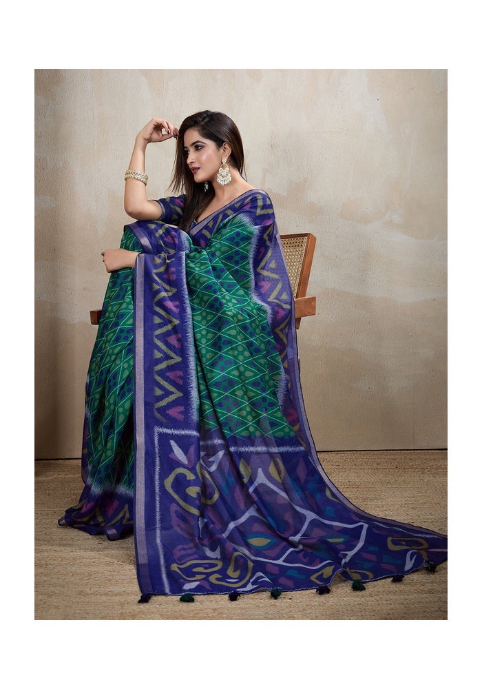 Malishka Export Chanderi Digital Print Saree in Blue - Image 3